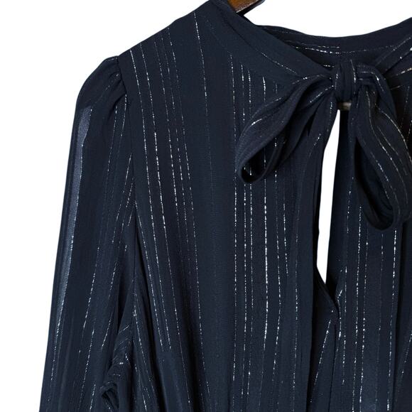 Elan Shimmer Stripe Black Tiered Midi Dress Long Sleeve Tie Neck size Medium - Picture 4 of 8